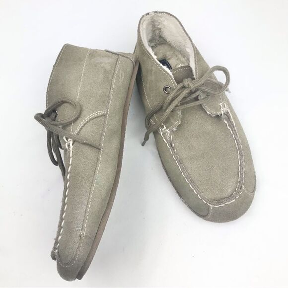 American Eagle Gray Suede Cream Shearling Soft Structure Lace up Moccasin Shoes - Picture 2 of 10